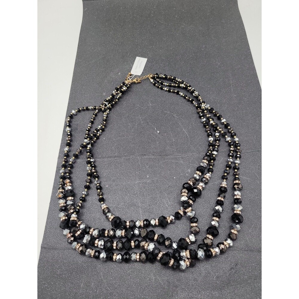 Natasha Black & GOLDTONE Faceted Sparkle Bead Necklace Triple Strand Vtg